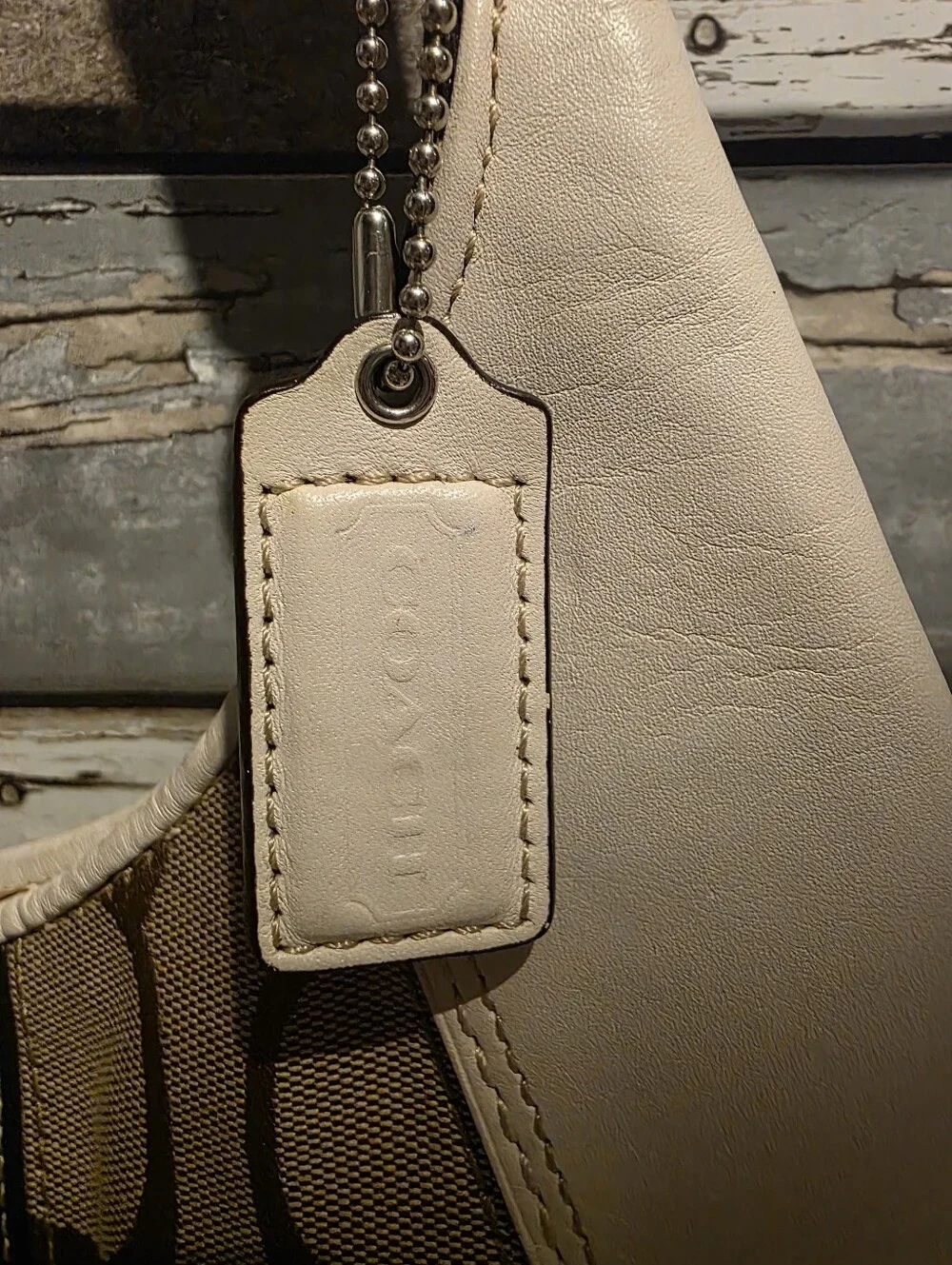 Coach Brown Signature Canvas Shoulder Bag with Cream and Navy Accents